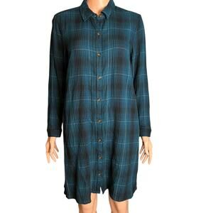 J. Jill Plaid Button-Front Shirt Dress in Teal Blue Long Sleeve Tunic Cabin Core